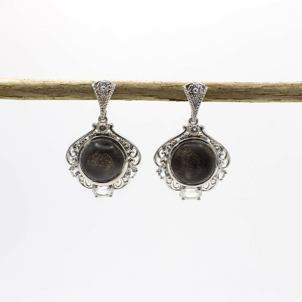 Vintage Ohrringe aus simuliertem schwarzem Feldspat und echtem weißem Topas, Sterlingsilber