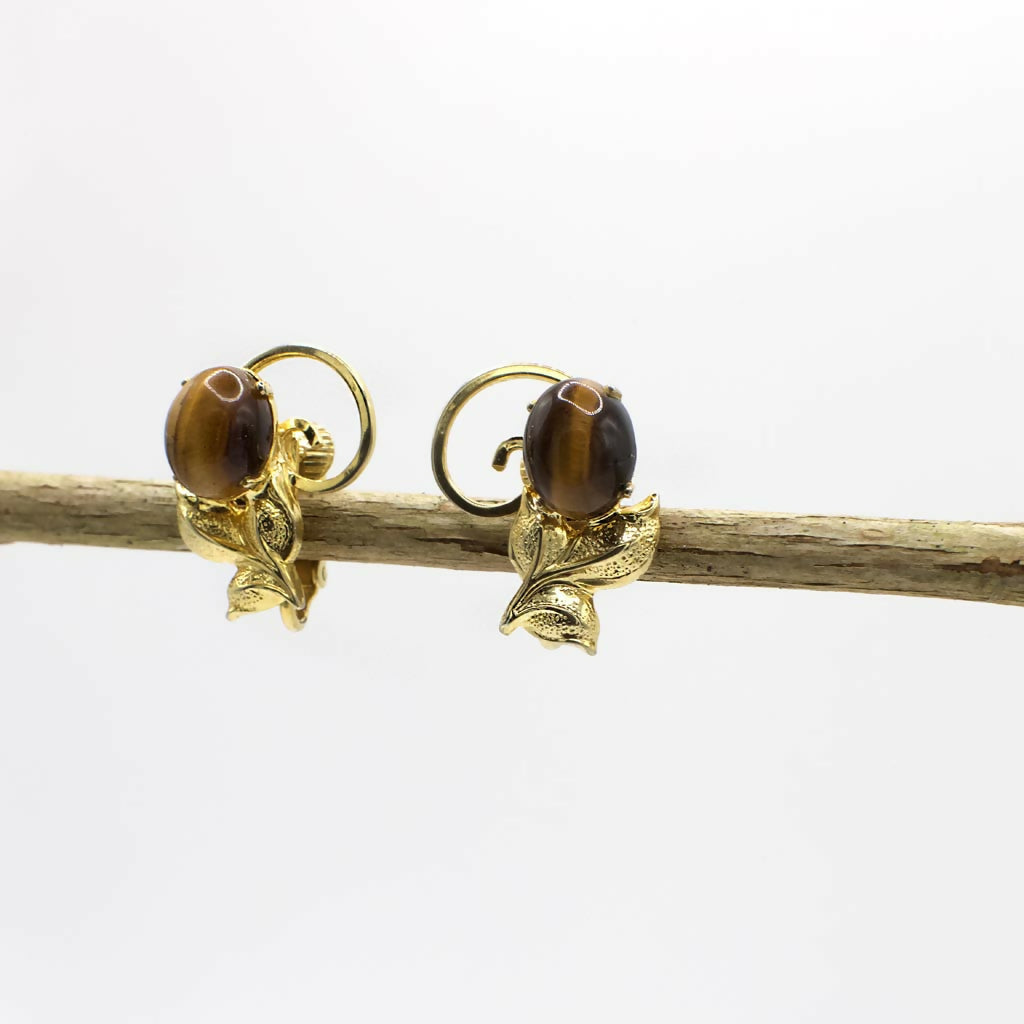Vintage 12K Gold Filled Ohrclips mit echtem Tigerauge Cabochon