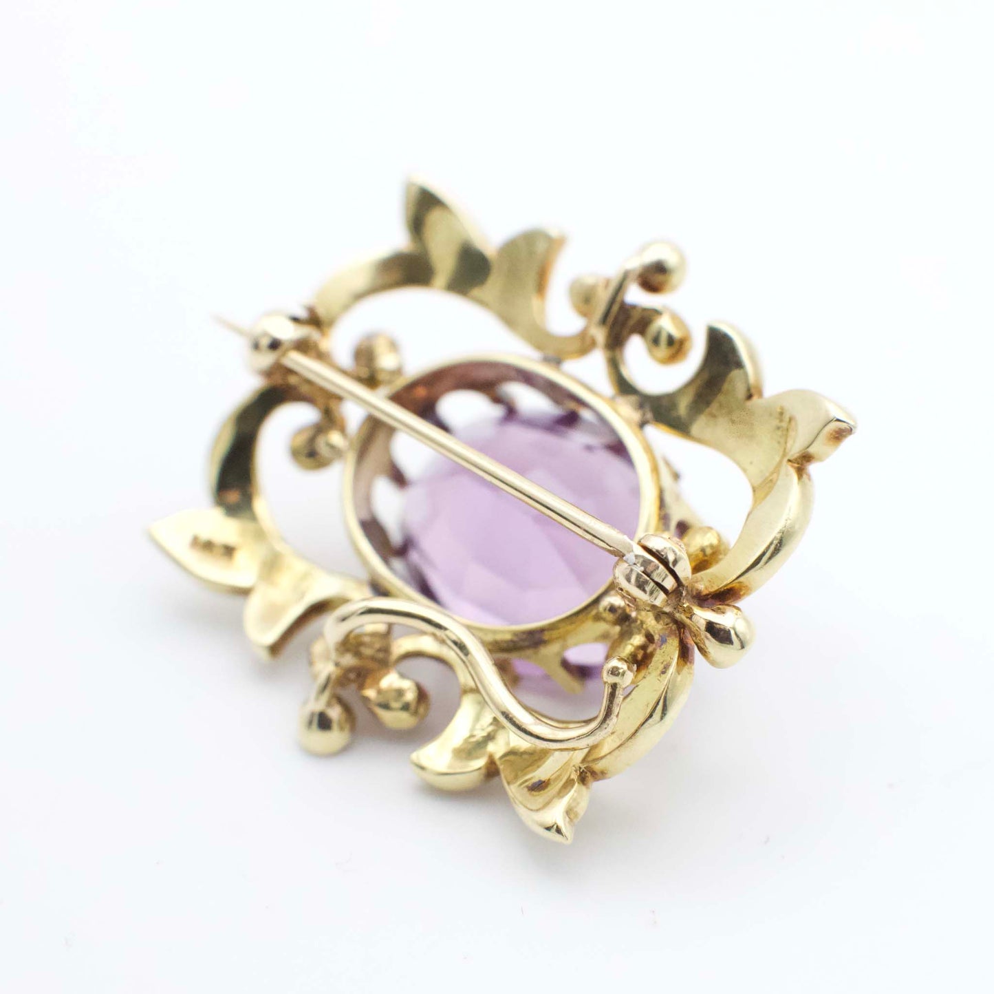 Antique 9.40 Carat Amethyst and Seed Pearl Art Nouveau Watch Pin/Brooch In 14K Yellow Gold