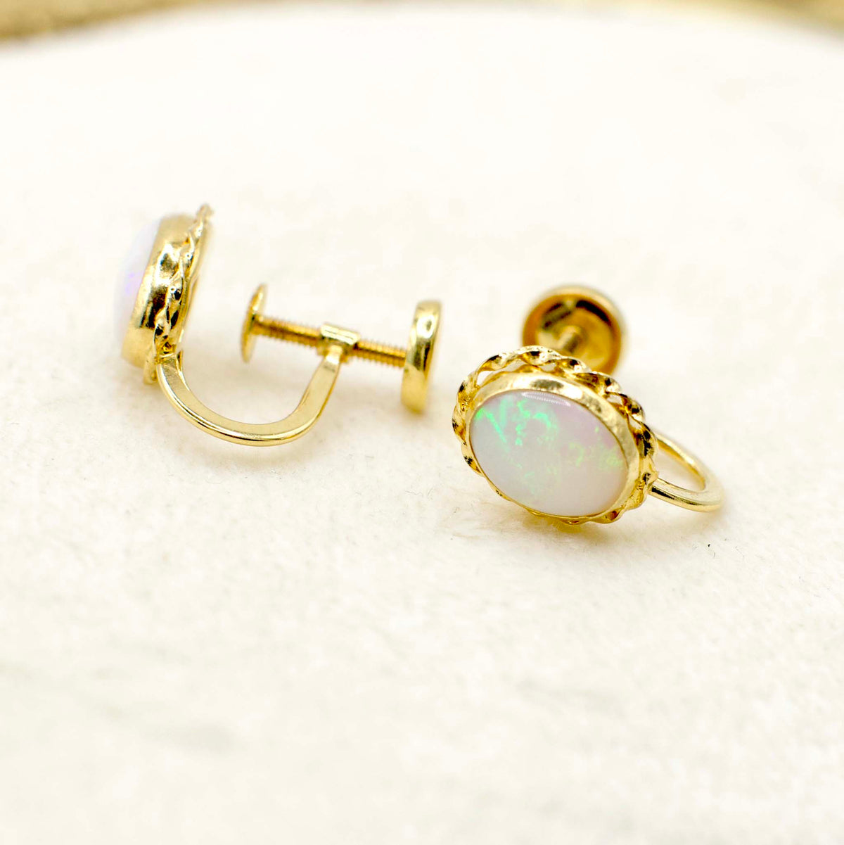 Vintage Oval Opal Screw-Back Earrings in 14K Solid Yellow Gold