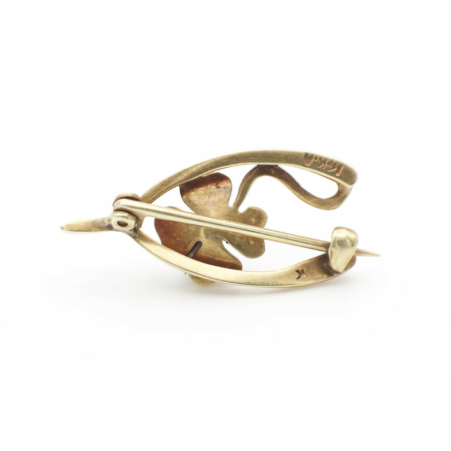 Late Victorian Era Seed Pearl and 14K Solid yellow Gold Wishbone Floral Pin