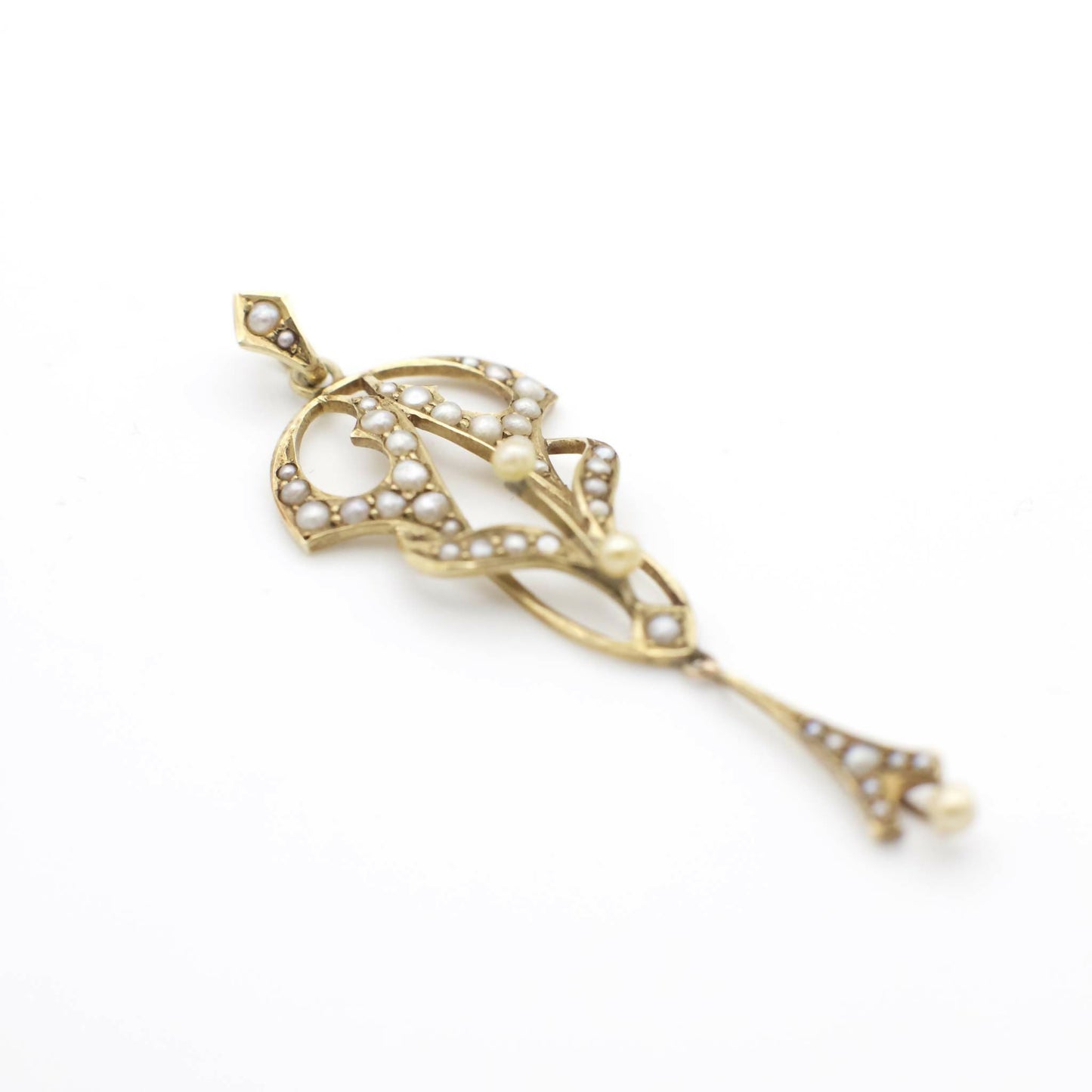 Antiker Jugendstil-Lavalier-Anhänger (nur Anhänger) um 1910 mit Saatperlen und 14K massivem Gelbgold