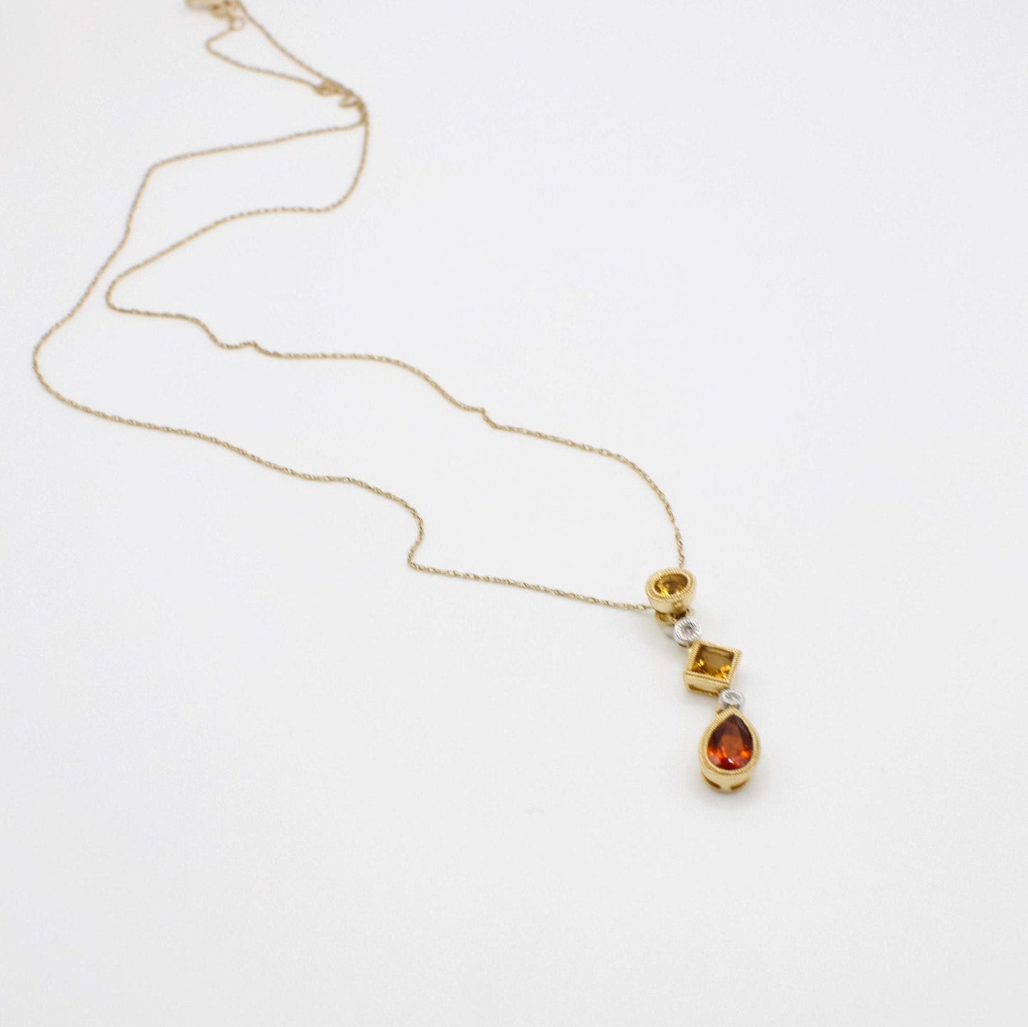 Vintage 14K Gelbgold Citrin-, Granat- und Diamant-Halskette