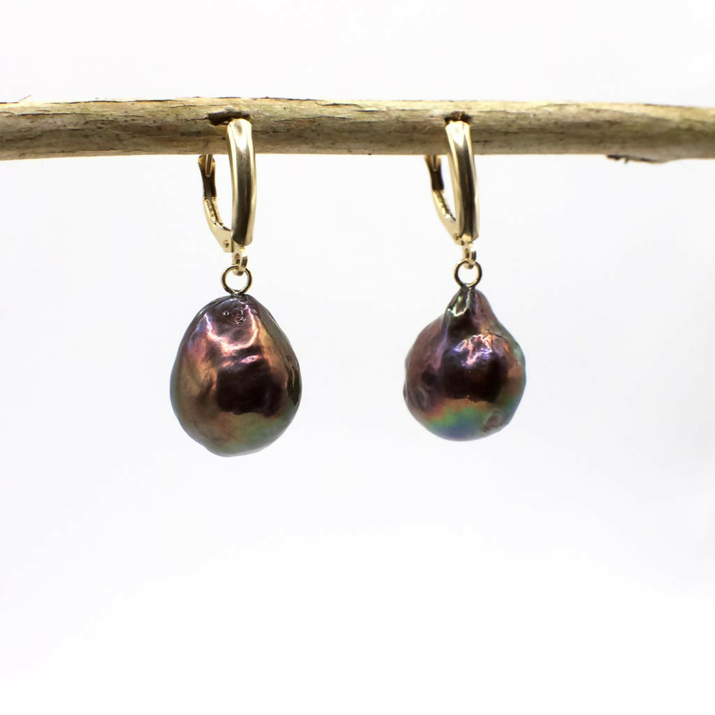Vintage Halskette und Ohrhänger-Set aus 14K Gold mit echten Pfauenperlen