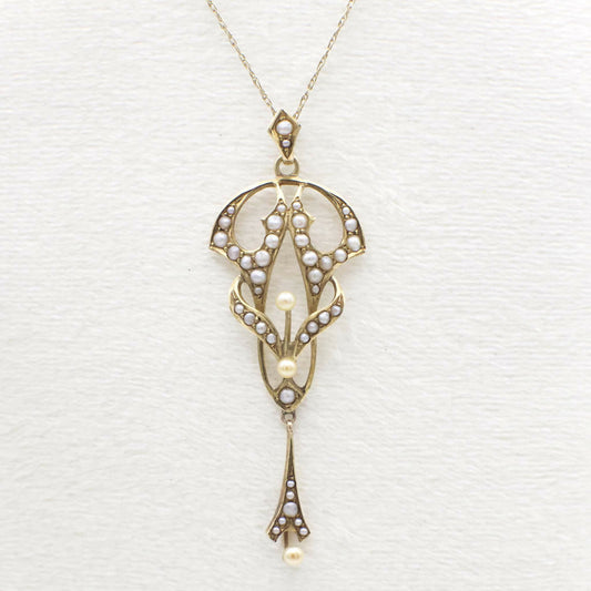 Antiker Jugendstil-Lavalier-Anhänger (nur Anhänger) um 1910 mit Saatperlen und 14K massivem Gelbgold