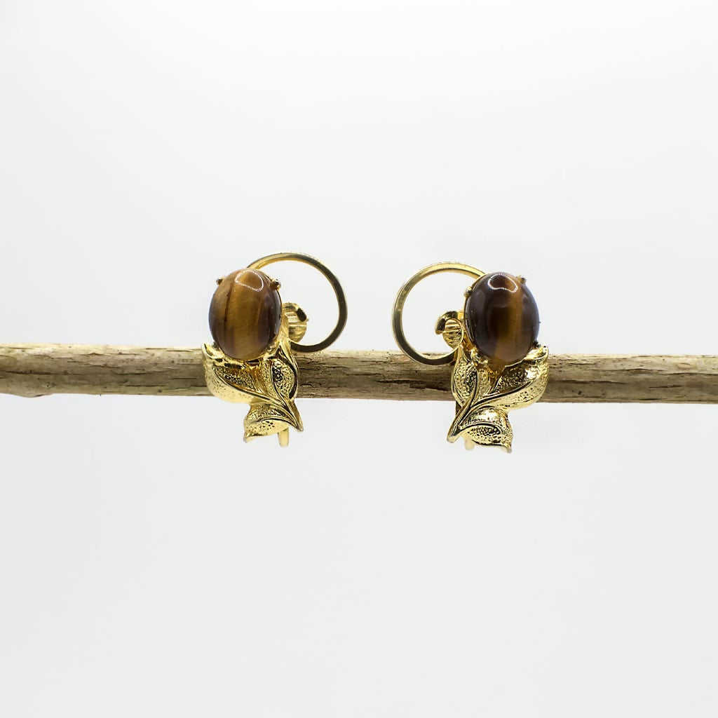 Vintage 12K Gold Filled Ohrclips mit echtem Tigerauge Cabochon