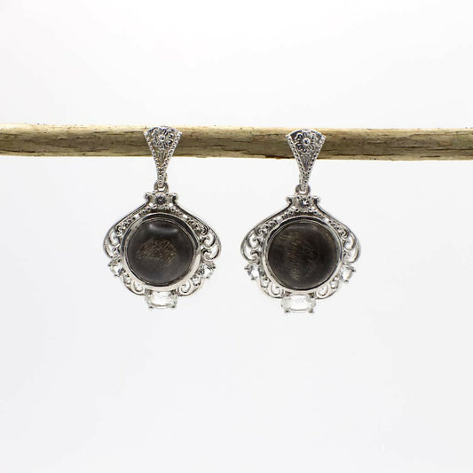 Vintage Ohrringe aus simuliertem schwarzem Feldspat und echtem weißem Topas, Sterlingsilber