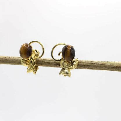 Vintage 12K Gold Filled Ohrclips mit echtem Tigerauge Cabochon