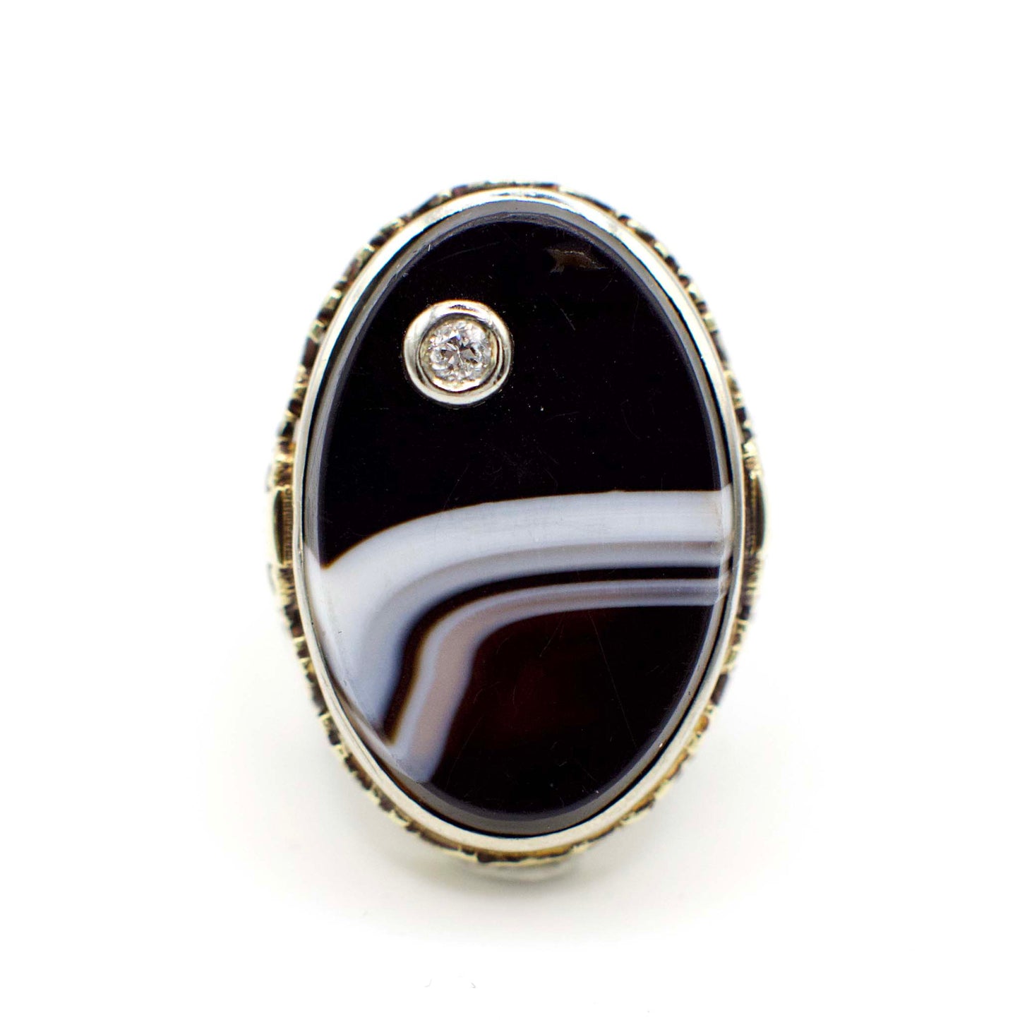 Art Deco Diamond and Banded Agate Filigree Statement Ring In 14K Yellow Gold