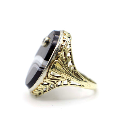 Art Deco Diamond and Banded Agate Filigree Statement Ring In 14K Yellow Gold