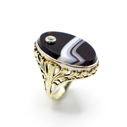 Art Deco Diamond and Banded Agate Filigree Statement Ring In 14K Yellow Gold