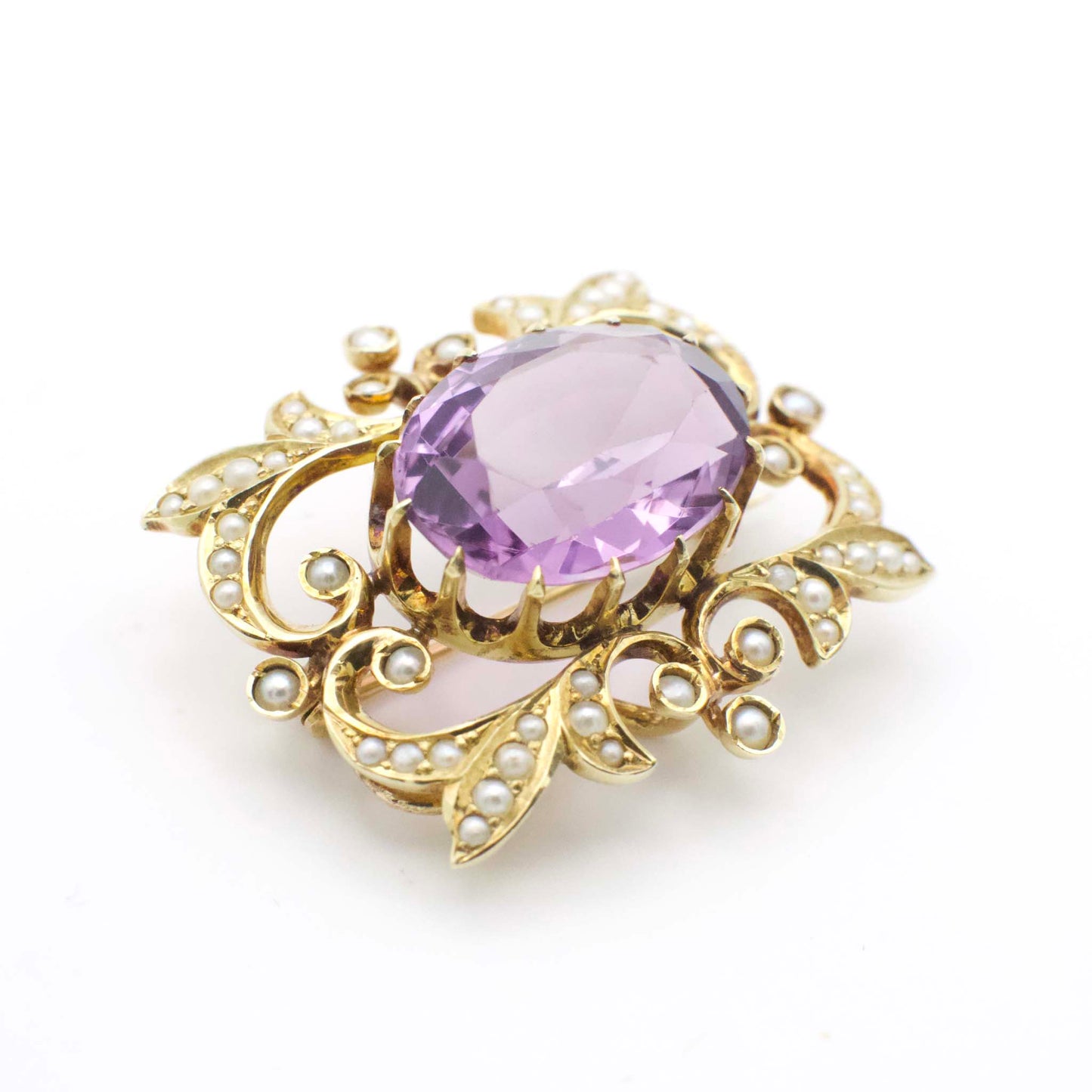 Antique 9.40 Carat Amethyst and Seed Pearl Art Nouveau Watch Pin/Brooch  In 14K Yellow Gold