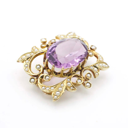 Antique 9.40 Carat Amethyst and Seed Pearl Art Nouveau Watch Pin/Brooch  In 14K Yellow Gold