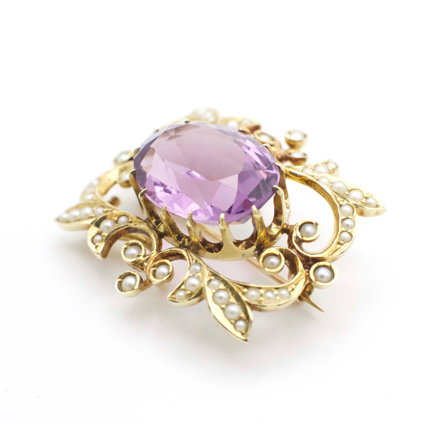 Antique 9.40 Carat Amethyst and Seed Pearl Art Nouveau Watch Pin/Brooch  In 14K Yellow Gold