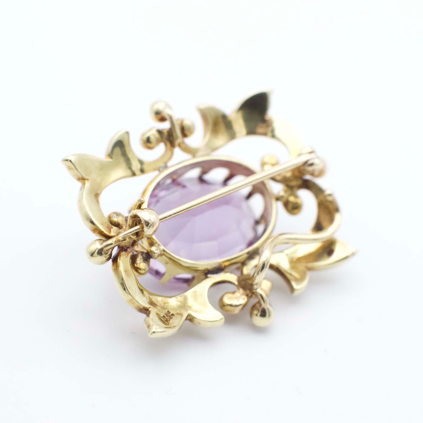 Antique 9.40 Carat Amethyst and Seed Pearl Art Nouveau Watch Pin/Brooch  In 14K Yellow Gold