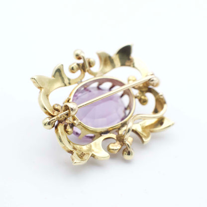 Antique 9.40 Carat Amethyst and Seed Pearl Art Nouveau Watch Pin/Brooch  In 14K Yellow Gold