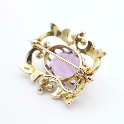 Antique 9.40 Carat Amethyst and Seed Pearl Art Nouveau Watch Pin/Brooch  In 14K Yellow Gold
