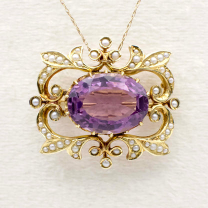 Antique 9.40 Carat Amethyst and Seed Pearl Art Nouveau Watch Pin/Brooch  In 14K Yellow Gold