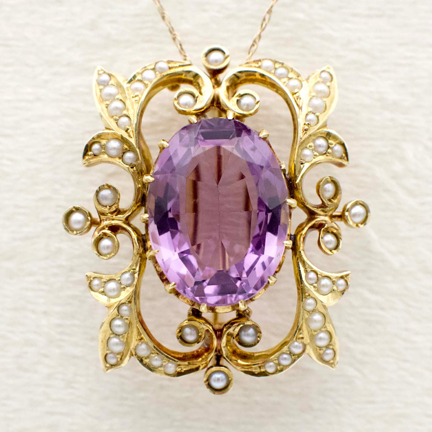 Antique 9.40 Carat Amethyst and Seed Pearl Art Nouveau Watch Pin/Brooch  In 14K Yellow Gold