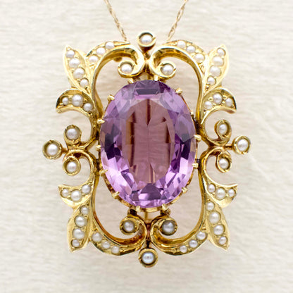 Antique 9.40 Carat Amethyst and Seed Pearl Art Nouveau Watch Pin/Brooch  In 14K Yellow Gold