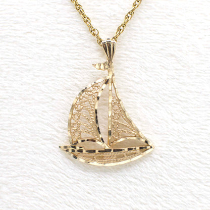 Vintage 14K Solid Yellow Gold Filigree Sailboat Pendant