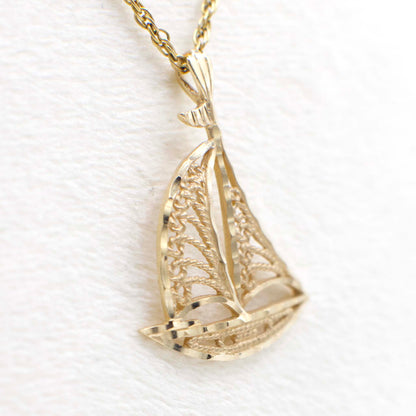 Vintage 14K Solid Yellow Gold Filigree Sailboat Pendant