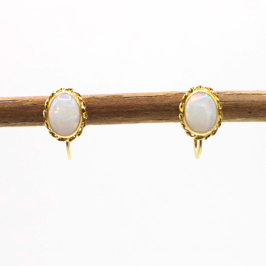 Vintage Oval Opal Screw-Back Earrings in 14K Solid Yellow Gold