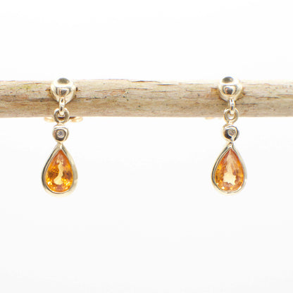 Vintage Spessartine Garnet & Diamond Dangle Earrings in 14K Gold
