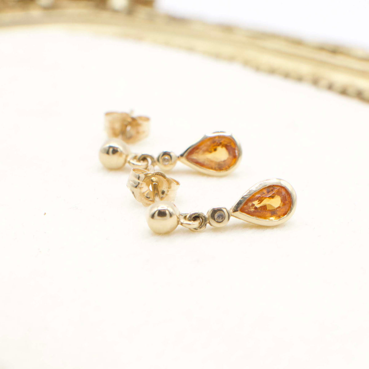 Vintage Spessartine Garnet & Diamond Dangle Earrings in 14K Gold