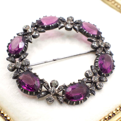 Antique Victorian Sterling Silver and Amethyst Paste Victorian Brooch