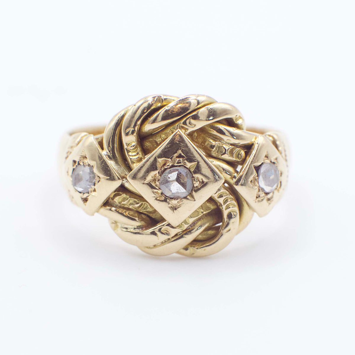 Antique Victorian Lovers Knot Diamond Ring In 18K Yellow Gold, Circa 1890