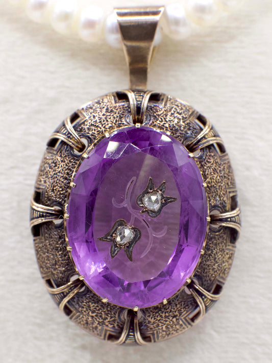 Antique Victorian Amethyst and Diamond Rose of Sharon Pendant In 14K Yellow Gold and Enamel