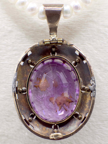 Antique Victorian Amethyst and Diamond Rose of Sharon Pendant In 14K Yellow Gold and Enamel