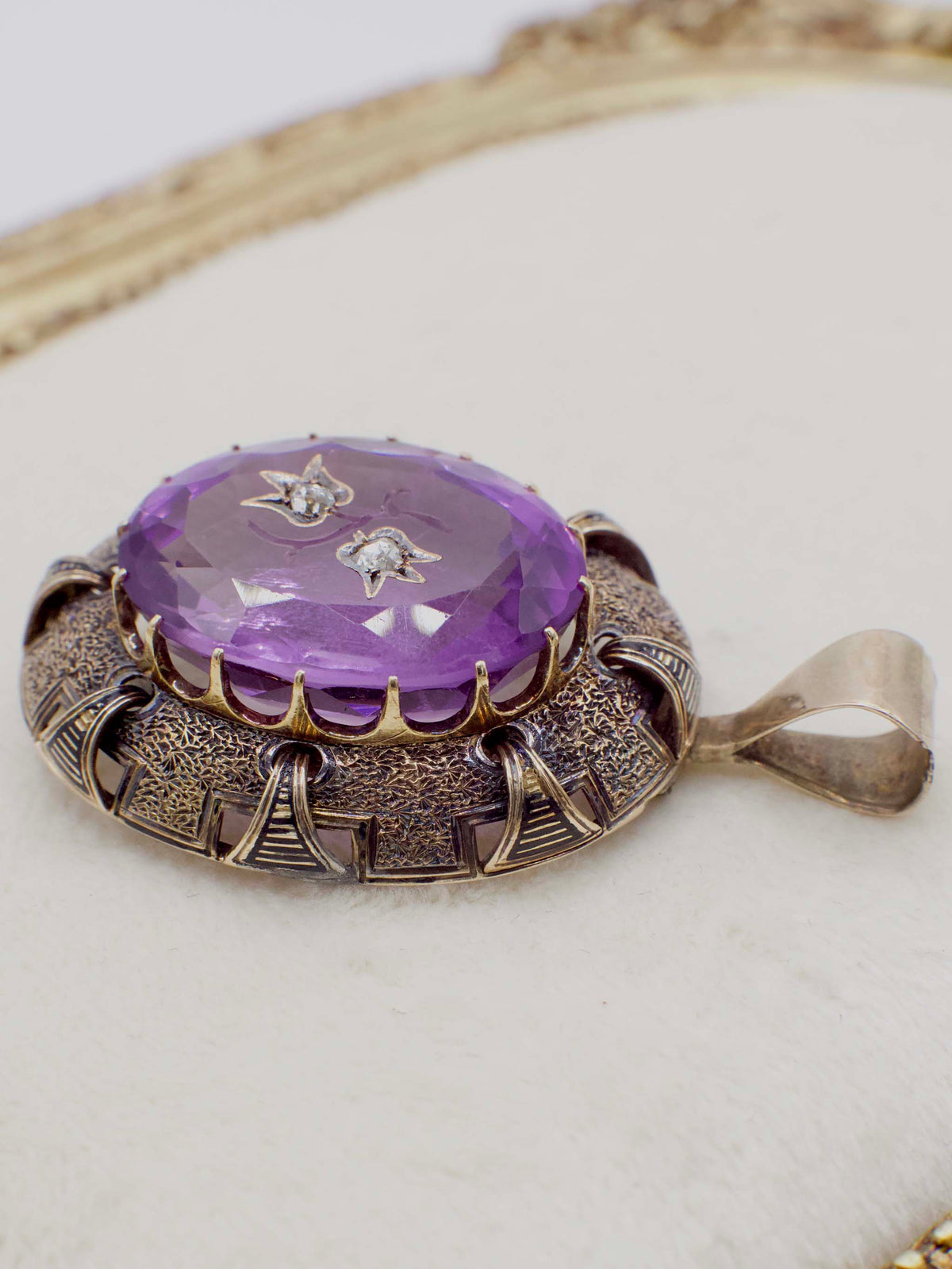 Antique Victorian Amethyst and Diamond Rose of Sharon Pendant In 14K Yellow Gold and Enamel
