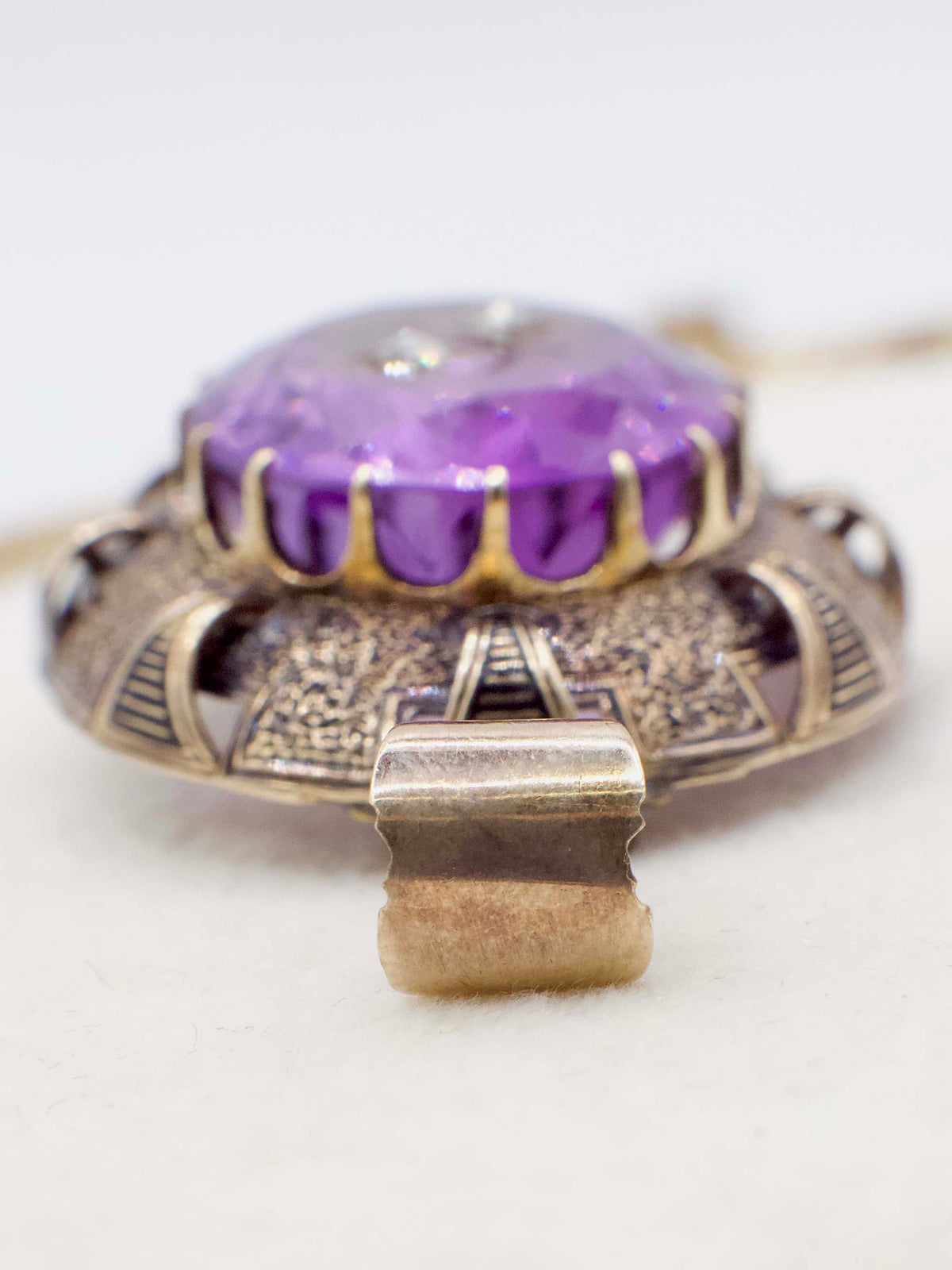 Antique Victorian Amethyst and Diamond Rose of Sharon Pendant In 14K Yellow Gold and Enamel