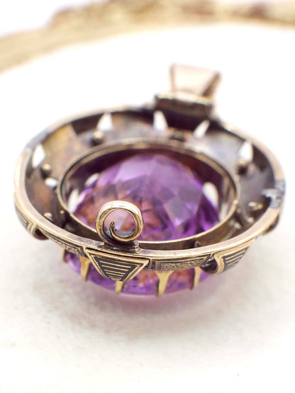 Antique Victorian Amethyst and Diamond Rose of Sharon Pendant In 14K Yellow Gold and Enamel
