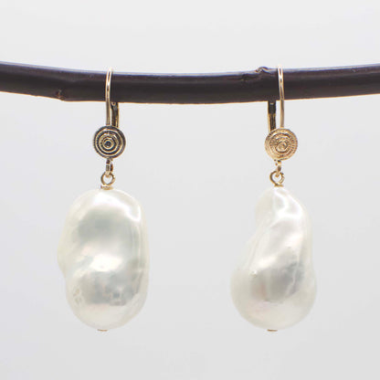 Vintage Baroque Pearl Dangle Earrings In 14K Yellow Gold