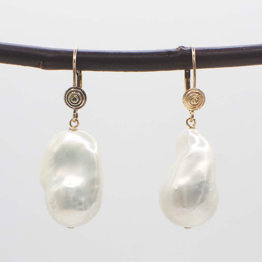 Vintage Baroque Pearl Dangle Earrings In 14K Yellow Gold