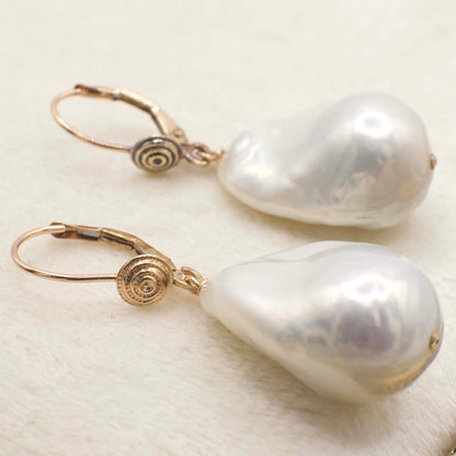Vintage Baroque Pearl Dangle Earrings In 14K Yellow Gold