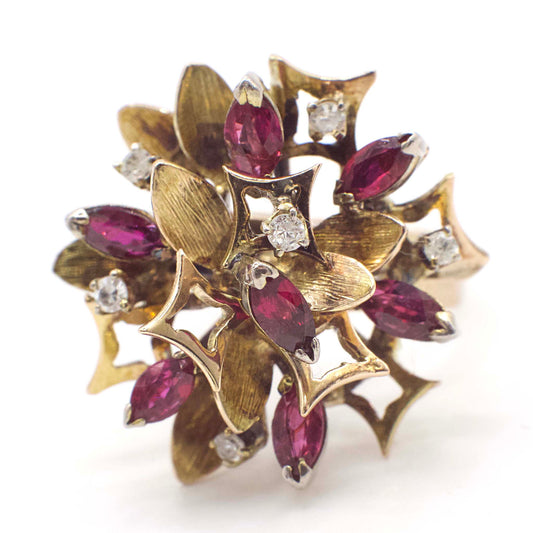 Vintage Genuine Diamond And Ruby Mid-Century Statement Ring In 14K Yellow Gold