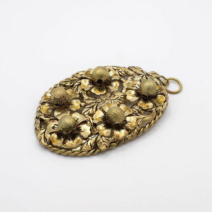Vintage Florales Messing-Filigran-Anhänger, oval