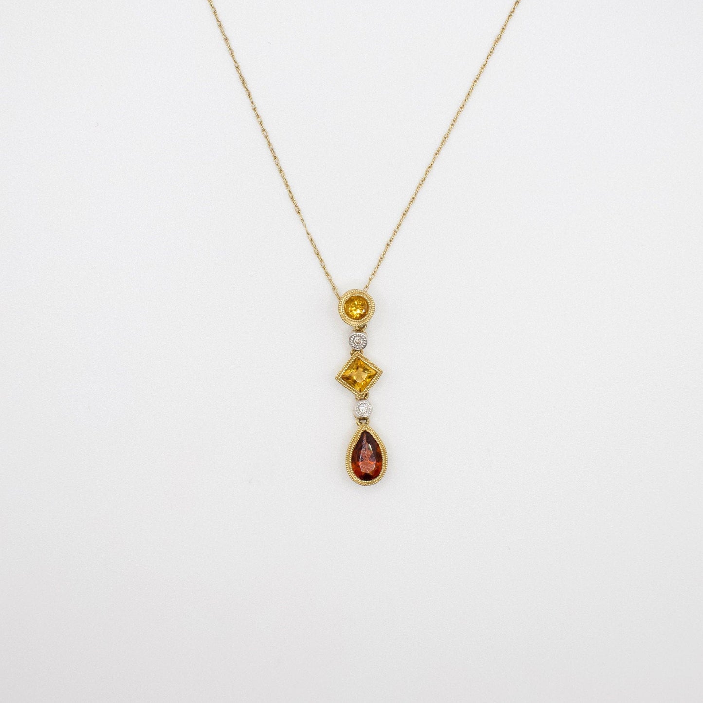 Vintage 14K Gelbgold Citrin-, Granat- und Diamant-Halskette