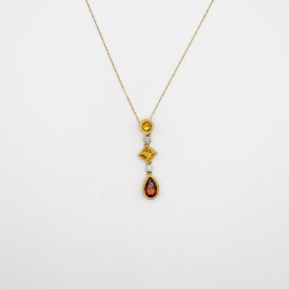 Vintage 14K Gelbgold Citrin-, Granat- und Diamant-Halskette