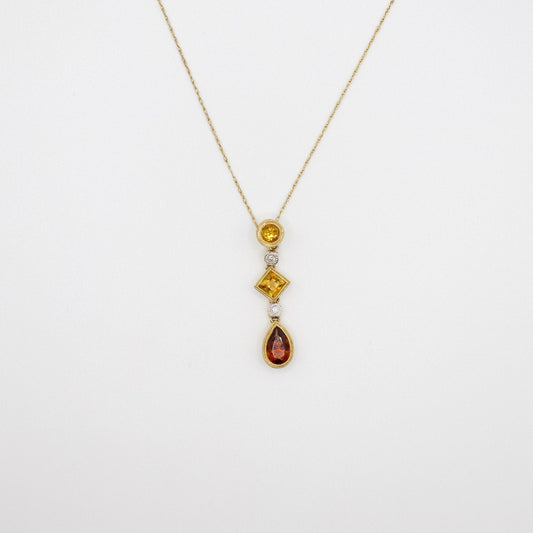 Vintage 14K Gelbgold Citrin-, Granat- und Diamant-Halskette