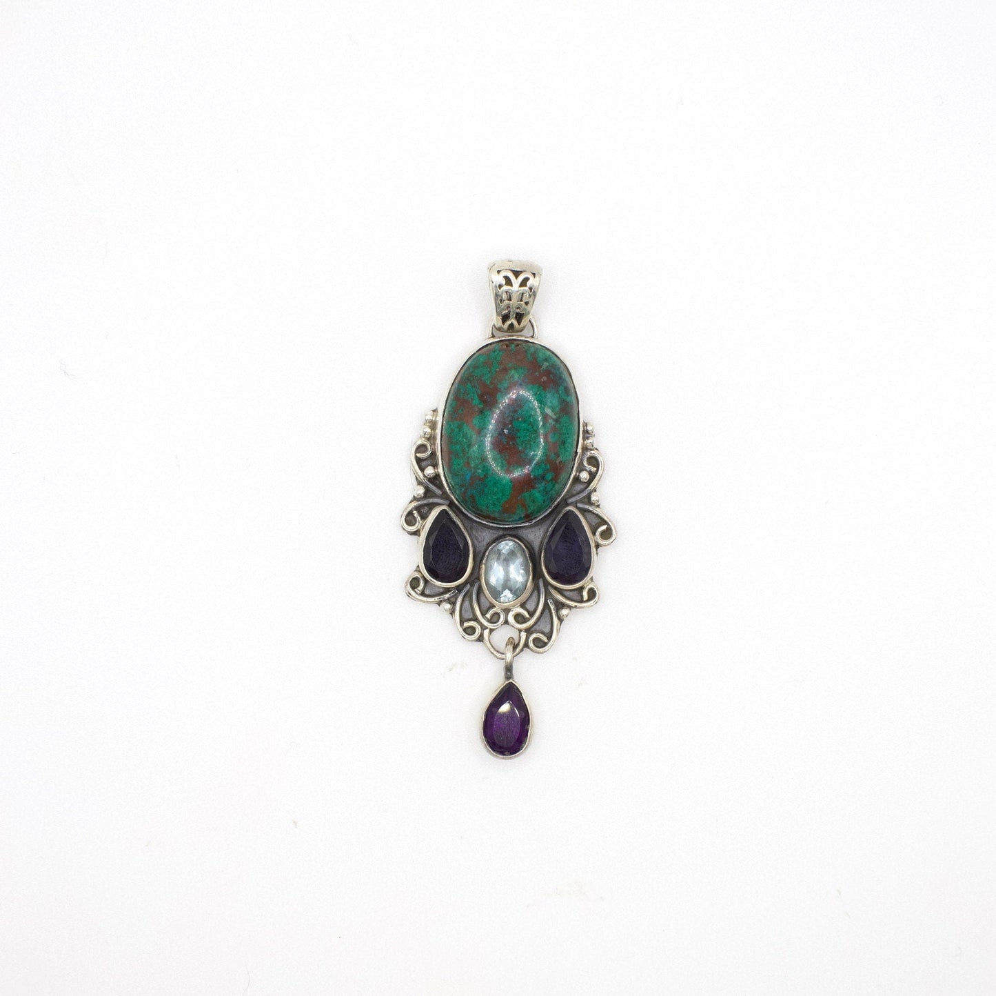 Vintage, handgefertigter australischer Chrysokoll-Anhänger mit echtem Blautopas, Iolith und Amethyst