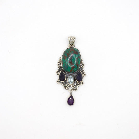 Vintage, handgefertigter australischer Chrysokoll-Anhänger mit echtem Blautopas, Iolith und Amethyst