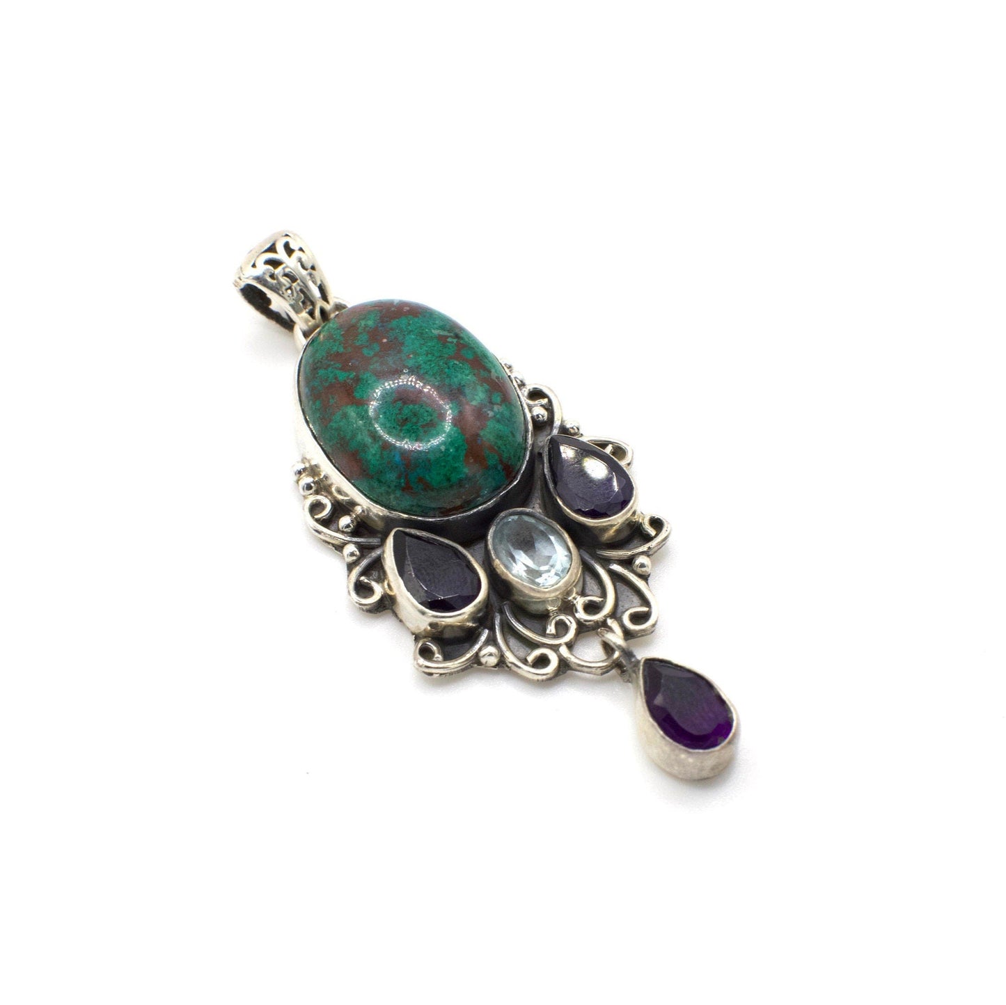 Vintage, handgefertigter australischer Chrysokoll-Anhänger mit echtem Blautopas, Iolith und Amethyst